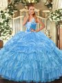 Baby Blue Quinceanera Dress Military Ball and Sweet 16 and Quinceanera with Beading and Ruffled Layers and Pick Ups Straps Sleeveless Lace Up