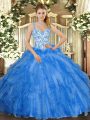 Admirable Beading and Ruffles Sweet 16 Dresses Blue Lace Up Sleeveless Floor Length