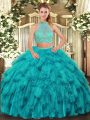 Shining Turquoise Criss Cross Quinceanera Gowns Beading and Ruffles Sleeveless Floor Length