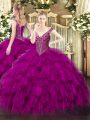 Fuchsia V-neck Neckline Beading and Ruffles Sweet 16 Quinceanera Dress Sleeveless Lace Up