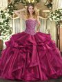 Designer Sleeveless Floor Length Beading and Ruffles Lace Up Quince Ball Gowns with Wine Red