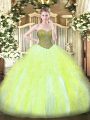 Glittering Beading and Ruffles Vestidos de Quinceanera Yellow Green Lace Up Sleeveless Floor Length