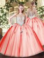 Coral Red Scoop Neckline Beading and Appliques Quince Ball Gowns Sleeveless Zipper