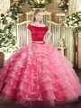 Smart Watermelon Red Short Sleeves Floor Length Appliques and Ruffled Layers Zipper Sweet 16 Dress
