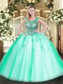 Fantastic Sleeveless Tulle Floor Length Lace Up Quinceanera Dresses in Apple Green with Beading