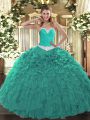 Cheap Sweetheart Sleeveless Sweet 16 Dress Floor Length Appliques and Ruffles Turquoise Organza