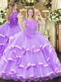 Admirable Lavender Ball Gown Prom Dress Military Ball and Sweet 16 and Quinceanera with Beading and Ruffled Layers Scoop Sleeveless Zipper