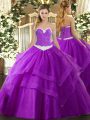 Glamorous Purple Sweetheart Neckline Appliques and Ruffled Layers Quinceanera Gowns Sleeveless Lace Up