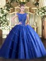 Dynamic Floor Length Zipper Quinceanera Gown Blue for Military Ball and Sweet 16 and Quinceanera with Beading and Appliques