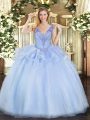 Noble Lavender Ball Gowns V-neck Sleeveless Tulle Floor Length Lace Up Beading Ball Gown Prom Dress