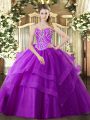 Superior Purple Tulle Lace Up Sweetheart Sleeveless Floor Length 15 Quinceanera Dress Beading and Ruffled Layers