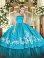 Aqua Blue Organza and Taffeta Zipper Vestidos de Quinceanera Sleeveless Floor Length Embroidery