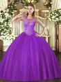 Floor Length Lace Up Quinceanera Dress Eggplant Purple for Sweet 16 and Quinceanera with Beading