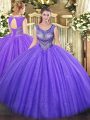 Lavender Tulle Lace Up 15 Quinceanera Dress Sleeveless Floor Length Beading