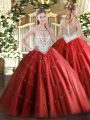 Hot Sale Red Quinceanera Gowns Military Ball and Sweet 16 and Quinceanera with Beading and Appliques Scoop Sleeveless Zipper