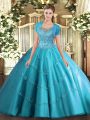 Scoop Sleeveless Clasp Handle Quinceanera Gowns Aqua Blue Tulle