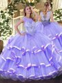 High Quality Floor Length Lavender Quinceanera Gowns Organza Sleeveless Beading and Ruffled Layers