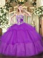 Floor Length Purple Sweet 16 Dresses Tulle Sleeveless Beading and Ruffled Layers