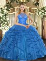 Glittering Floor Length Lace Up Sweet 16 Dress Teal for Military Ball and Sweet 16 and Quinceanera with Beading and Ruffles