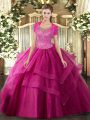 Edgy Hot Pink Ball Gowns Beading and Ruffles Quinceanera Gown Clasp Handle Tulle Sleeveless Floor Length