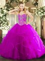 Sleeveless Tulle Floor Length Lace Up Quinceanera Gown in Fuchsia with Beading and Ruffles