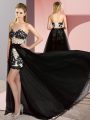 Best Sleeveless High Low Embroidery Lace Up Evening Dress with White And Black