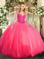 Floor Length Coral Red Quinceanera Gowns Tulle Long Sleeves Lace