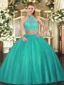Shining Turquoise Two Pieces Beading Quinceanera Dress Criss Cross Tulle Sleeveless Floor Length