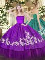 Custom Design Organza and Taffeta Strapless Sleeveless Zipper Embroidery Quinceanera Dresses in Purple