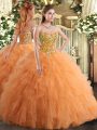 Orange Sleeveless Floor Length Embroidery and Ruffles Lace Up Quince Ball Gowns
