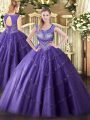 Sleeveless Floor Length Beading and Appliques Lace Up 15th Birthday Dress with Purple