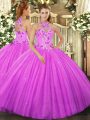 Floor Length Lace Up Vestidos de Quinceanera Fuchsia for Military Ball and Sweet 16 and Quinceanera with Beading and Embroidery