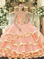 Peach Halter Top Neckline Beading and Embroidery Ball Gown Prom Dress Sleeveless Lace Up