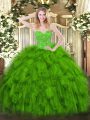 Trendy Sleeveless Floor Length Beading and Ruffles Lace Up Quinceanera Dress with Green