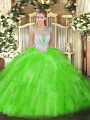 Sleeveless Tulle Floor Length Zipper Quince Ball Gowns in with Beading and Ruffles