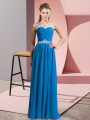 Luxurious Blue Empire Beading Party Dress for Toddlers Clasp Handle Chiffon Sleeveless Floor Length