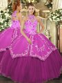 Fantastic Ball Gowns Sweet 16 Dresses Fuchsia Halter Top Satin and Tulle Sleeveless Floor Length Lace Up