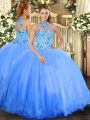 Top Selling Sleeveless Floor Length Embroidery Lace Up Sweet 16 Dresses with Blue