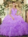 Halter Top Sleeveless Quinceanera Gowns Floor Length Beading and Ruffles and Pick Ups Lavender Organza