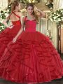 Wine Red Tulle Lace Up Halter Top Sleeveless Floor Length Quince Ball Gowns Ruffles