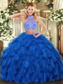 On Sale Royal Blue Sleeveless Beading and Ruffles Floor Length Sweet 16 Dress