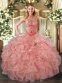 Customized Sleeveless Organza Floor Length Lace Up Sweet 16 Dresses in Peach with Beading and Embroidery and Ruffles