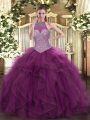 Halter Top Sleeveless Sweet 16 Dress Floor Length Beading Burgundy Tulle