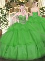 Green Lace Up Vestidos de Quinceanera Beading and Ruffled Layers Sleeveless Floor Length