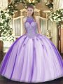 Fashionable Halter Top Sleeveless Sweet 16 Quinceanera Dress Floor Length Beading and Appliques Lavender Tulle