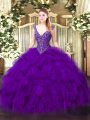 Glittering Floor Length Purple Sweet 16 Dresses V-neck Sleeveless Lace Up