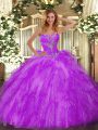 Glamorous Eggplant Purple Organza Lace Up Quinceanera Dresses Sleeveless Floor Length Beading and Ruffles