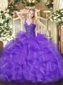 Sumptuous Lavender Sleeveless Organza Lace Up 15th Birthday Dress for Military Ball and Sweet 16 and Quinceanera