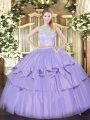 Fabulous Lavender Sleeveless Floor Length Lace and Ruffled Layers Zipper Ball Gown Prom Dress