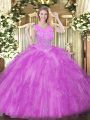 Dazzling Lilac Ball Gown Prom Dress Military Ball and Sweet 16 and Quinceanera with Beading and Ruffles Scoop Sleeveless Zipper